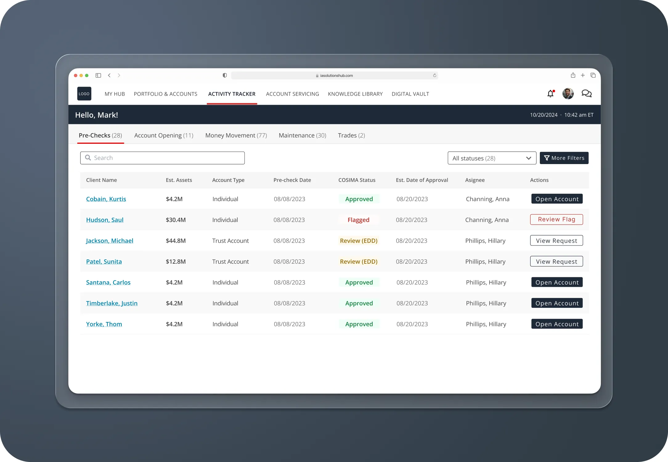 POC · Pre-checks — Mark (advisor) activity tracker