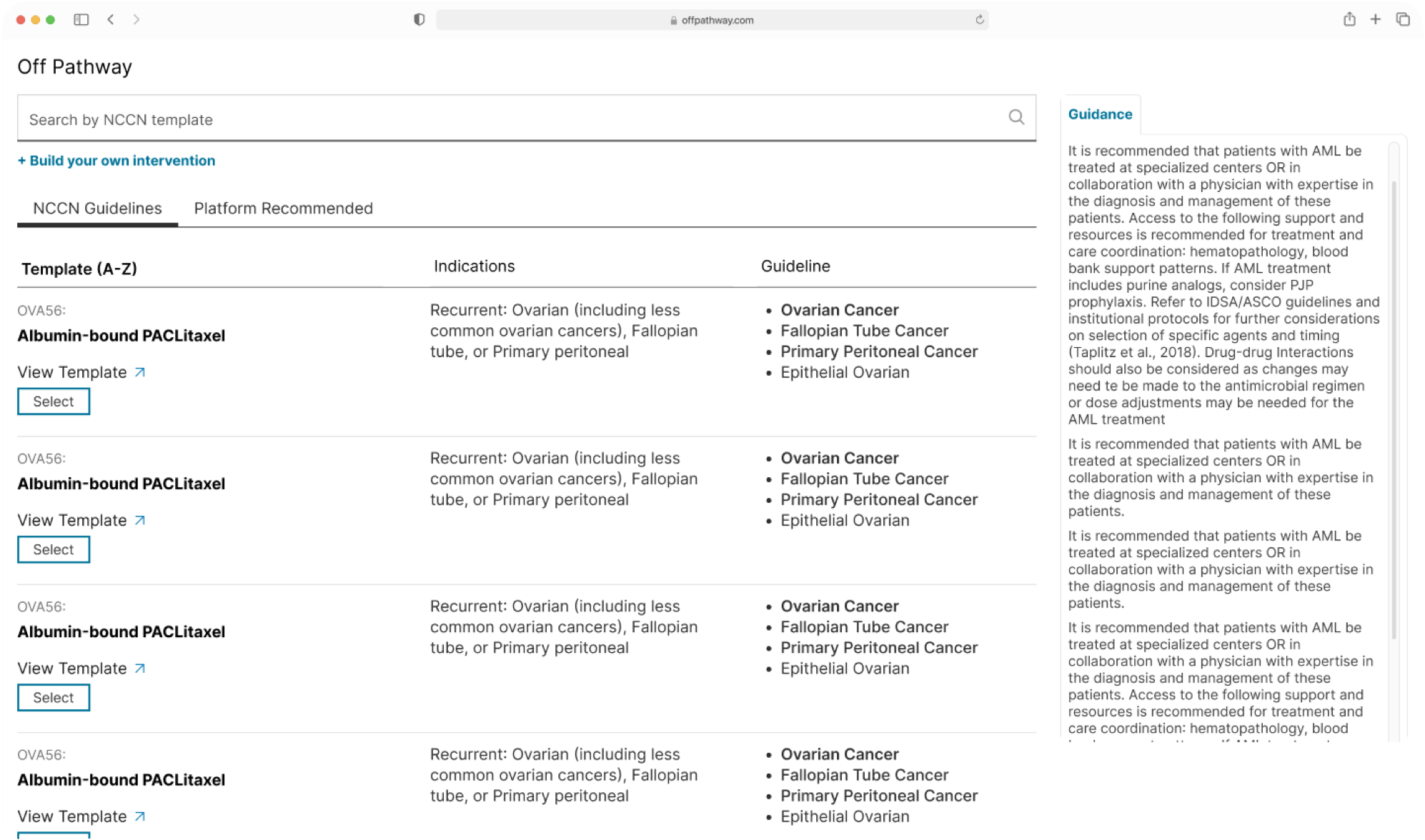 NCCN Guidelines — old: guidance panel still showing an empty selection tray, with a Select action