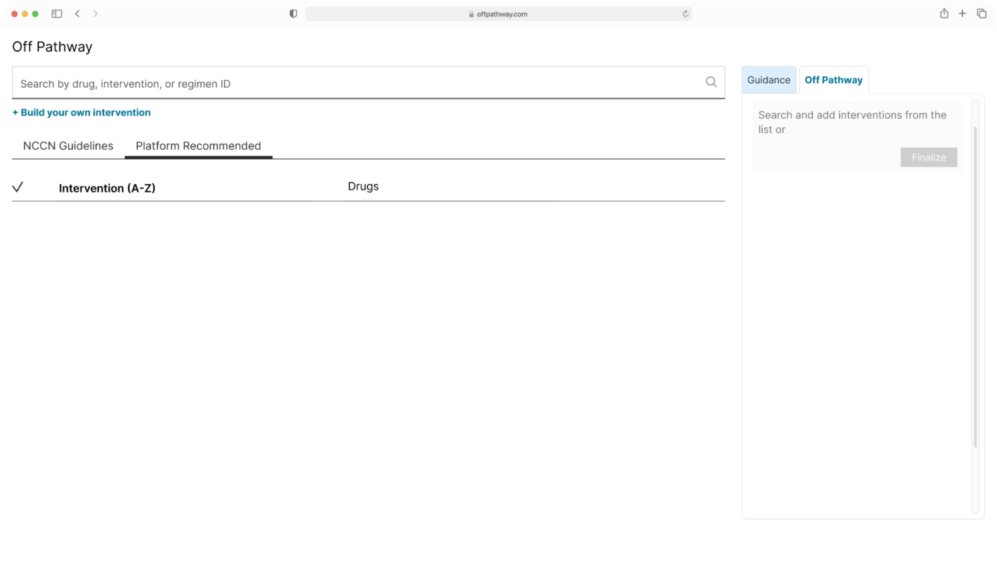 Platform Recommended discovery — old: blank list until search, Build Your Own as a text link